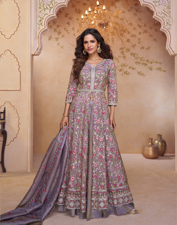 Mauve Simar Silk Embroidered Suit Set Top, Bottom & Dupatta for Women