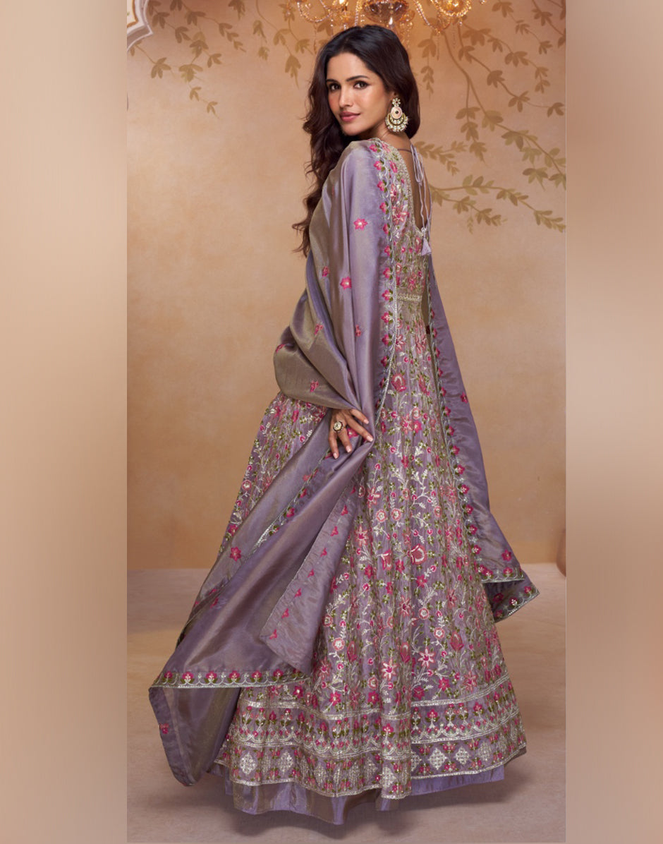 Mauve Simar Silk Embroidered Suit Set Top, Bottom & Dupatta for Women_1