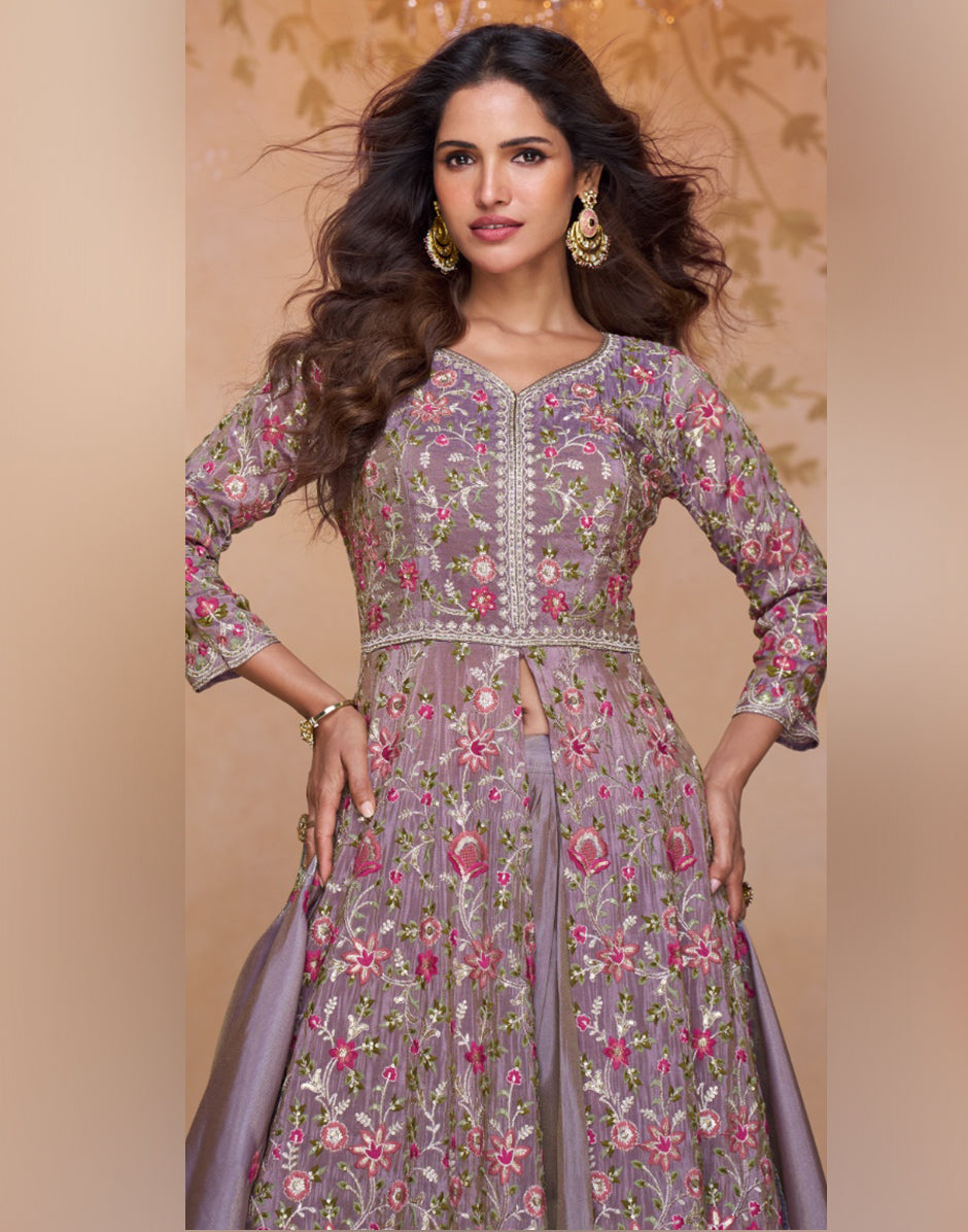 Mauve Simar Silk Embroidered Suit Set Top, Bottom & Dupatta for Women_2