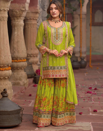 Mehendi Green Chinon Embroidered Suit Set with Digital Work Top, Palazzo & Dupatta