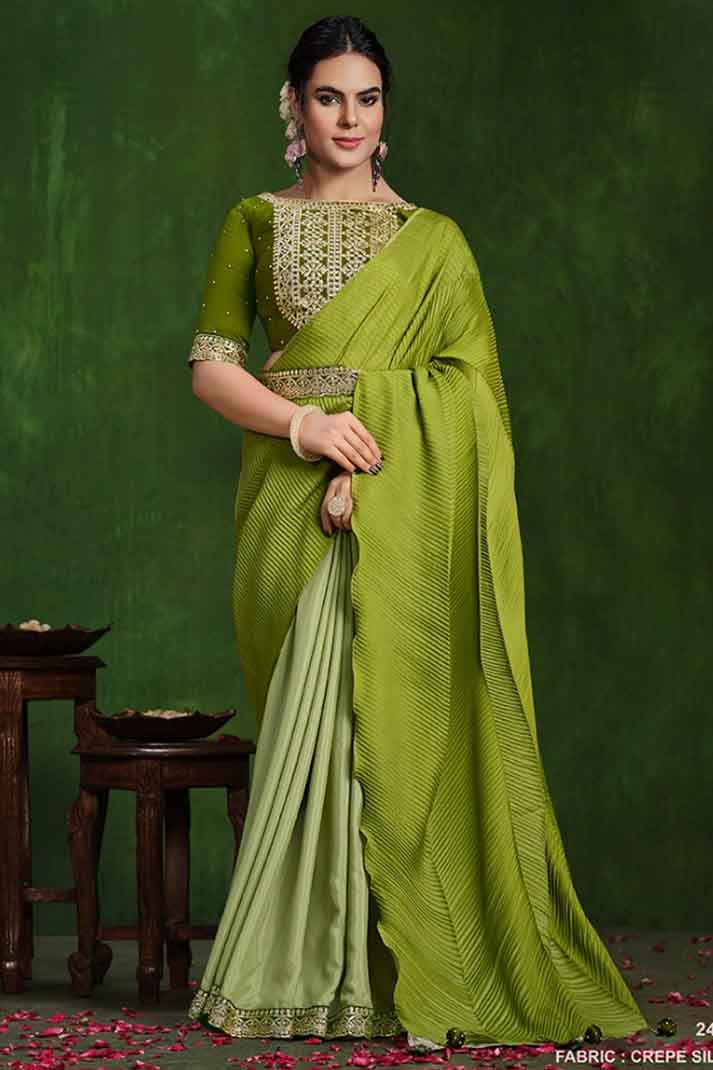 Mehendi Green Crepe Silk Georgette Zari & Stone Work Designer Saree with Texture Pallu