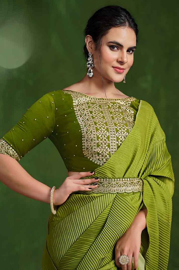 Mehendi Green Crepe Silk Georgette Zari & Stone Work Designer Saree with Texture Pallu