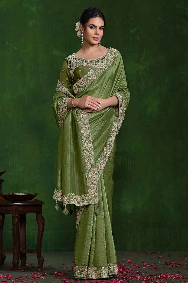 Mehendi Green Crush Paper Silk Sequins with Diamond Work Designer Saree