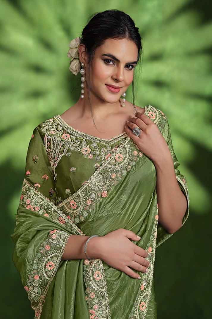 Mehendi Green Crush Paper Silk Sequins with Diamond Work Designer Saree