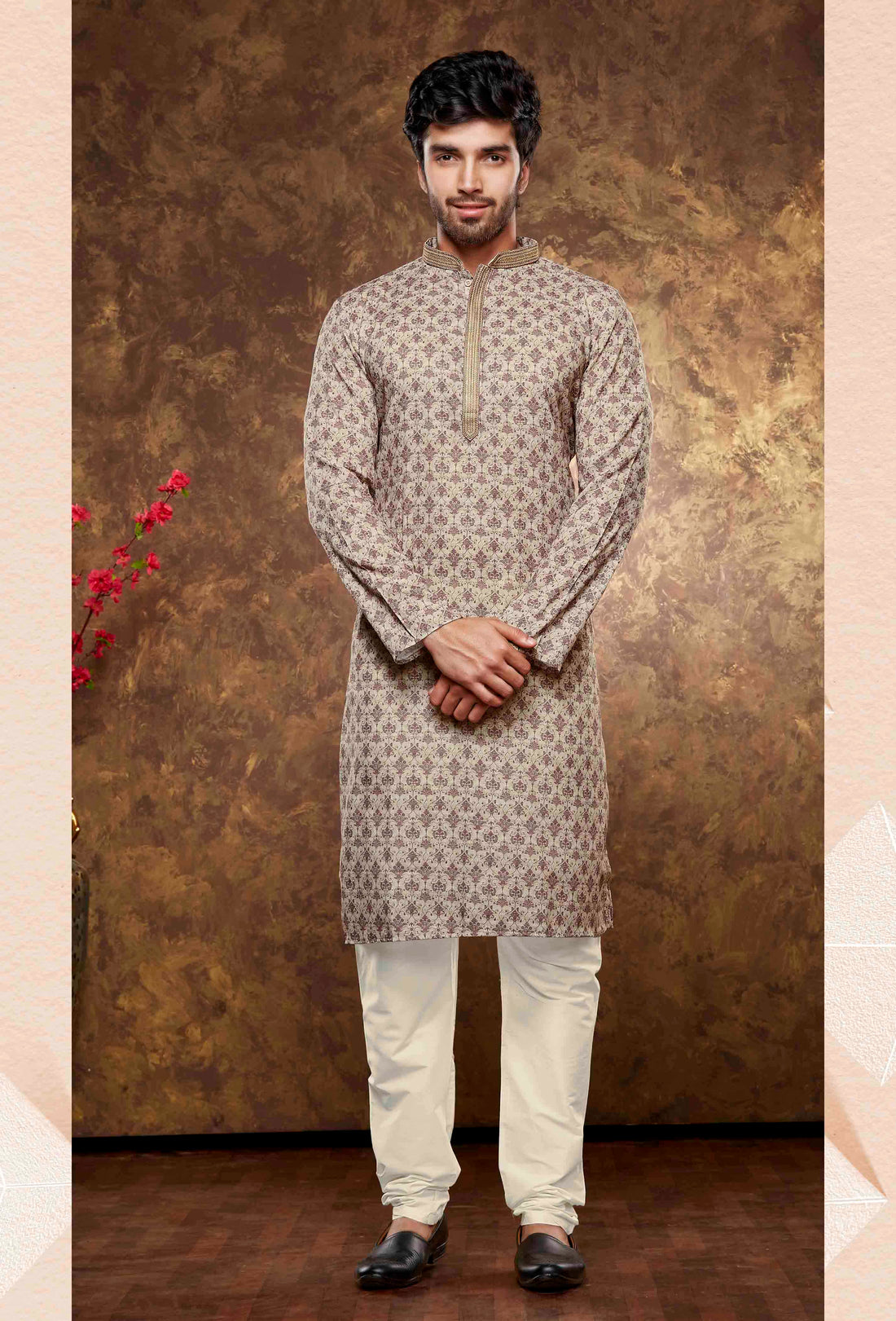 Men Beige Digital Print Poly Cotton Kurta Pyjama