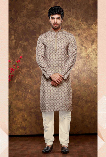 Men Beige Digital Print Poly Cotton Kurta Pyjama