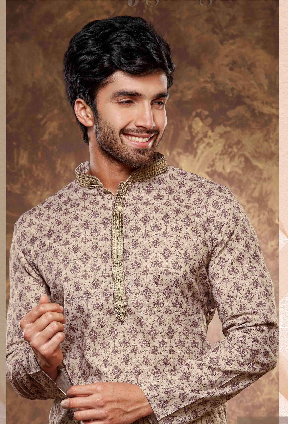 Men Beige Digital Print Poly Cotton Kurta Pyjama