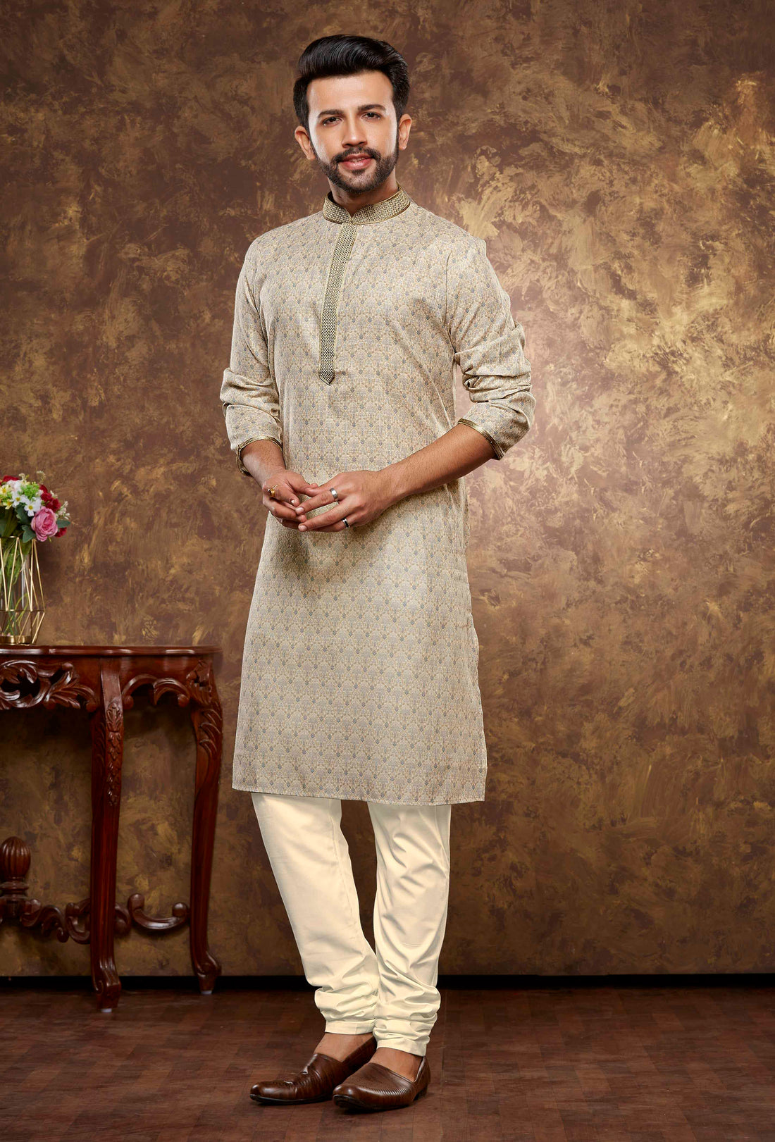 Men Beige Paisley Digital Print Poly Cotton Kurta Pyjama