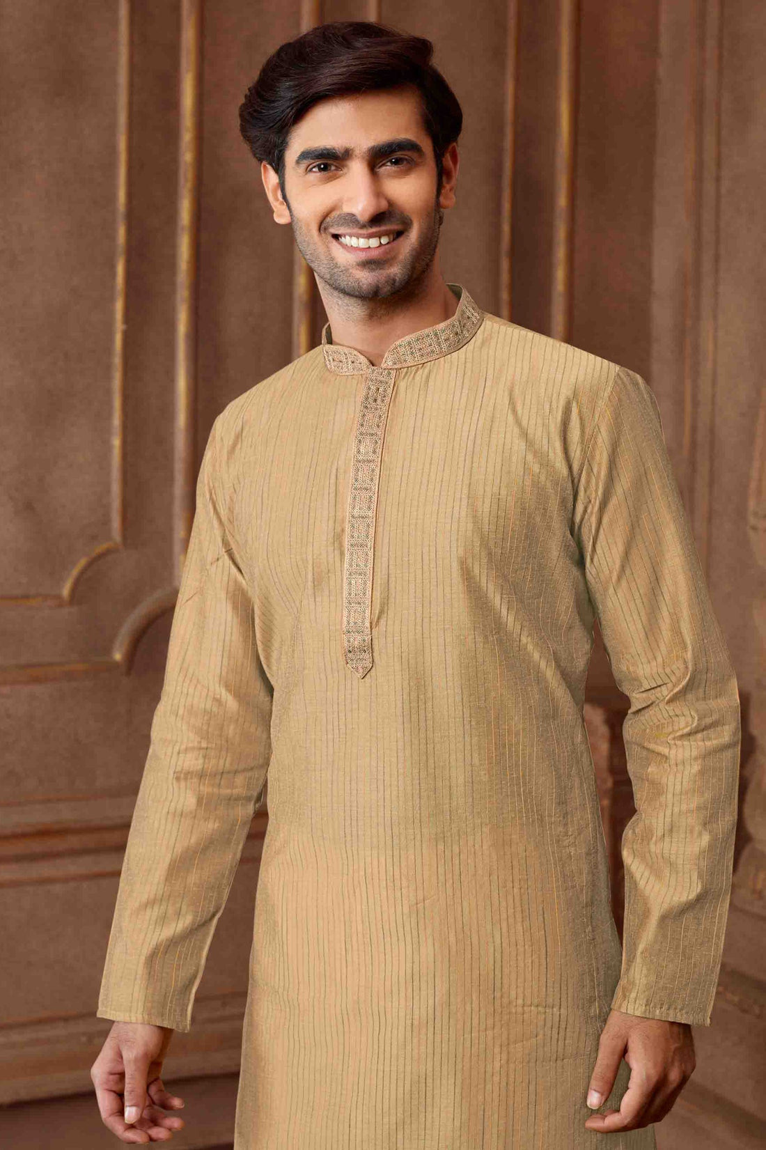 Men Beige Polycotton Blend Striped Kurta Pyjama