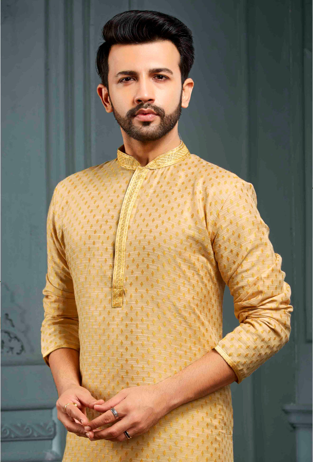 Men Beige Self Design Jacquard Kurta Pyjama