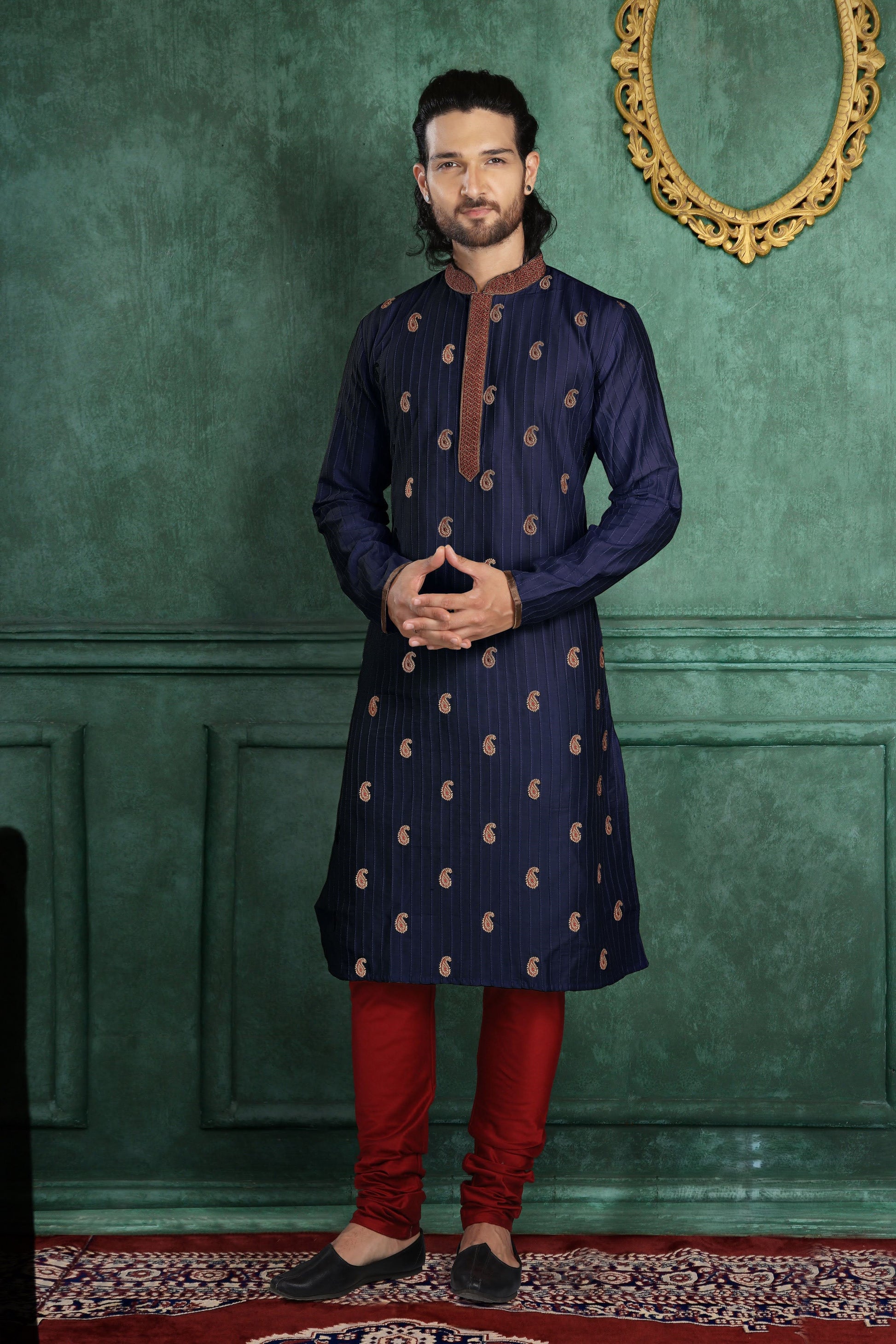 Men Black Poly Blend Embroidered Kurta Pyjama