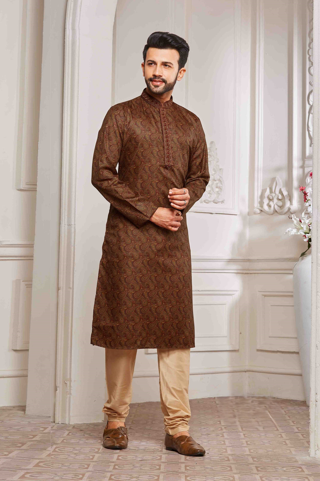 Men Brown Paisley Digital Print Poly Blend Kurta Pyjama