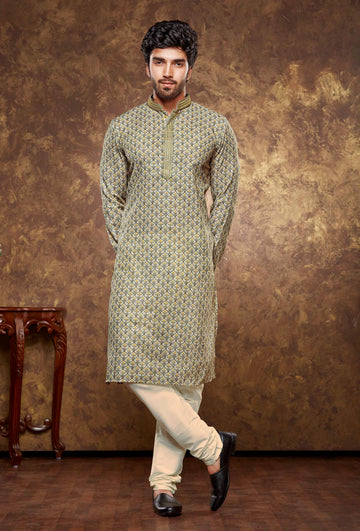Men Brown Paisley Digital Print Poly Cotton Kurta Pyjama