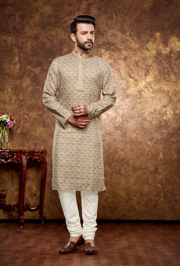 Men Cream Digital Print Poly Cotton Kurta Pyjama