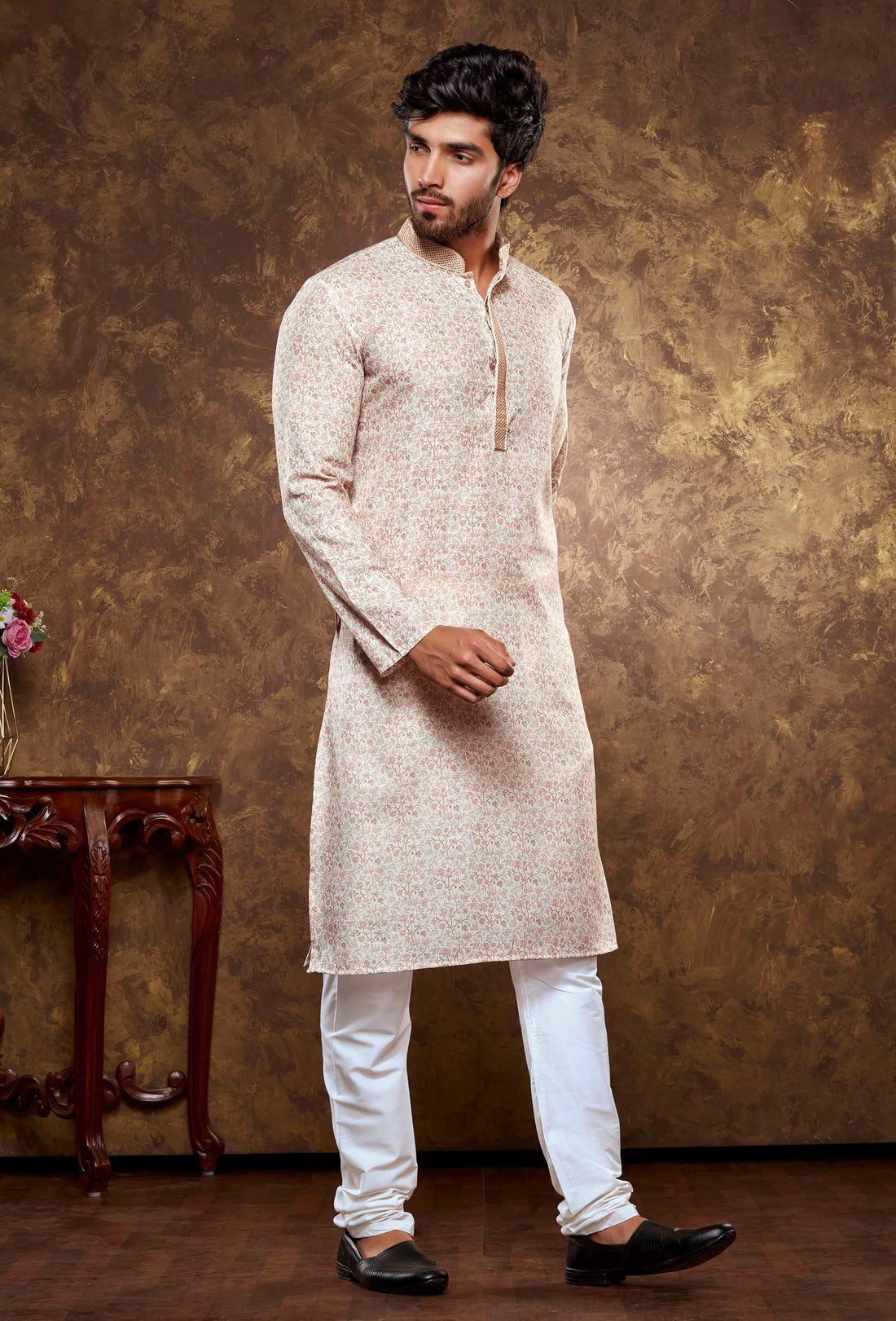 Men Cream Floral Digital Print Poly Cotton Kurta Pyjama