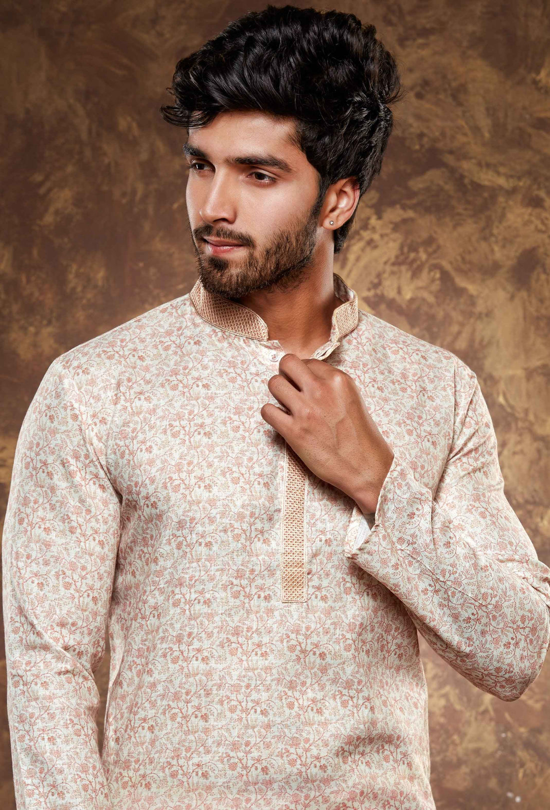 Men Cream Floral Digital Print Poly Cotton Kurta Pyjama