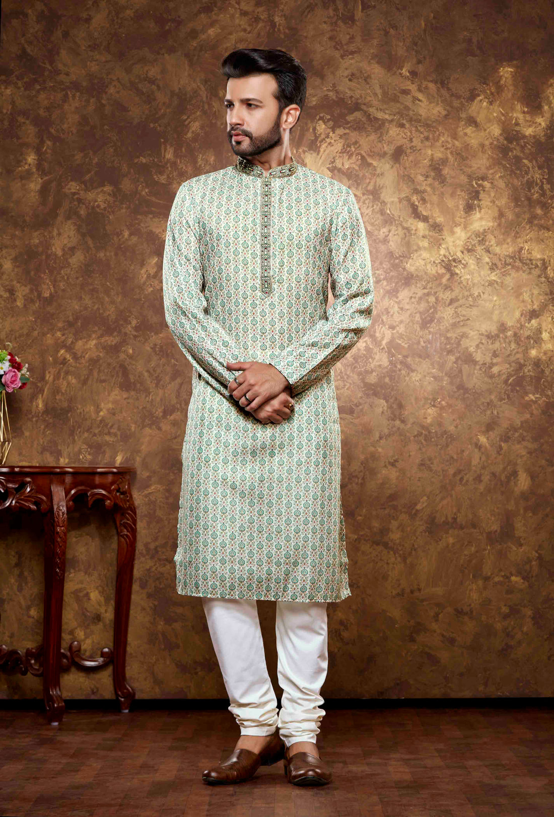 Men Cream Green Digital Print Poly Cotton Kurta Pyjama