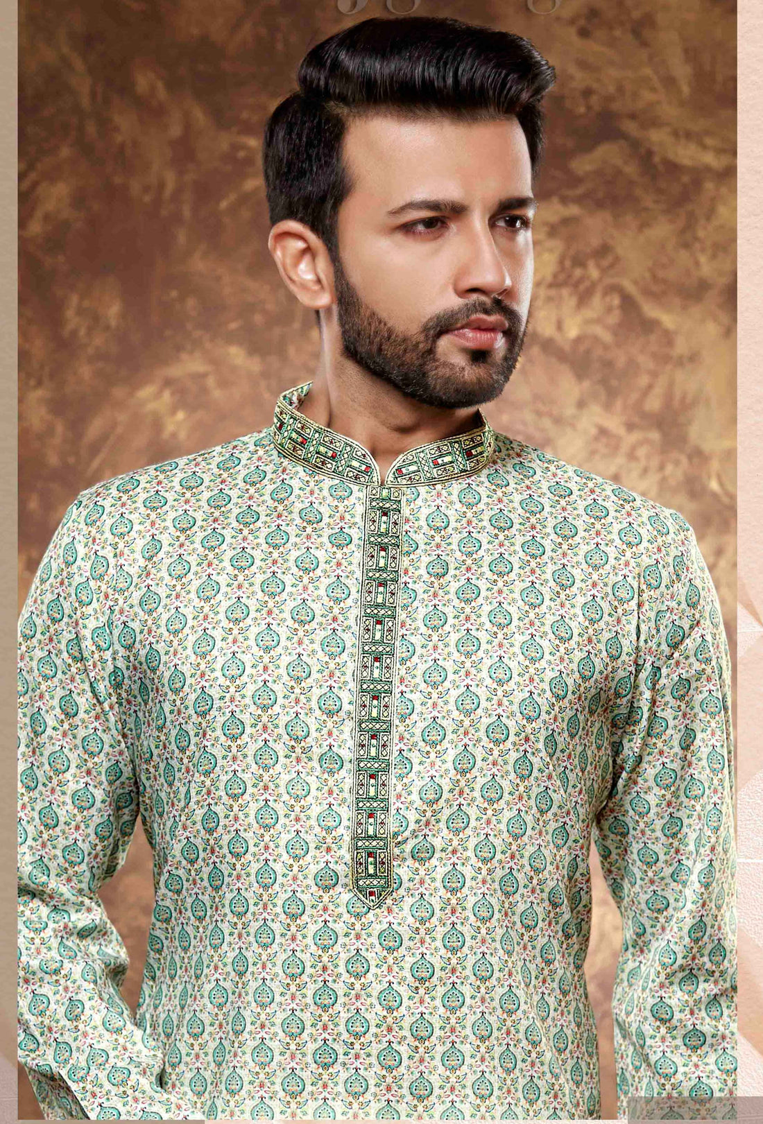Men Cream Green Digital Print Poly Cotton Kurta Pyjama
