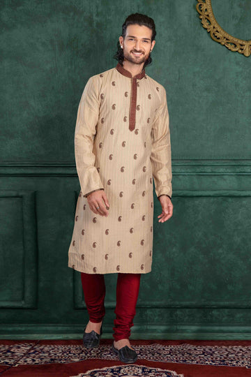 Men Cream Poly Blend Embroidered Kurta Pyjama