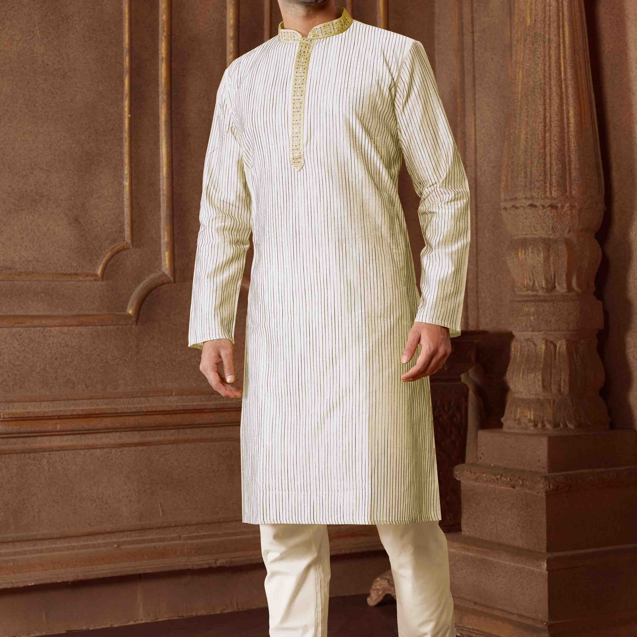 Men Cream Polycotton Blend Striped Kurta Pyjama