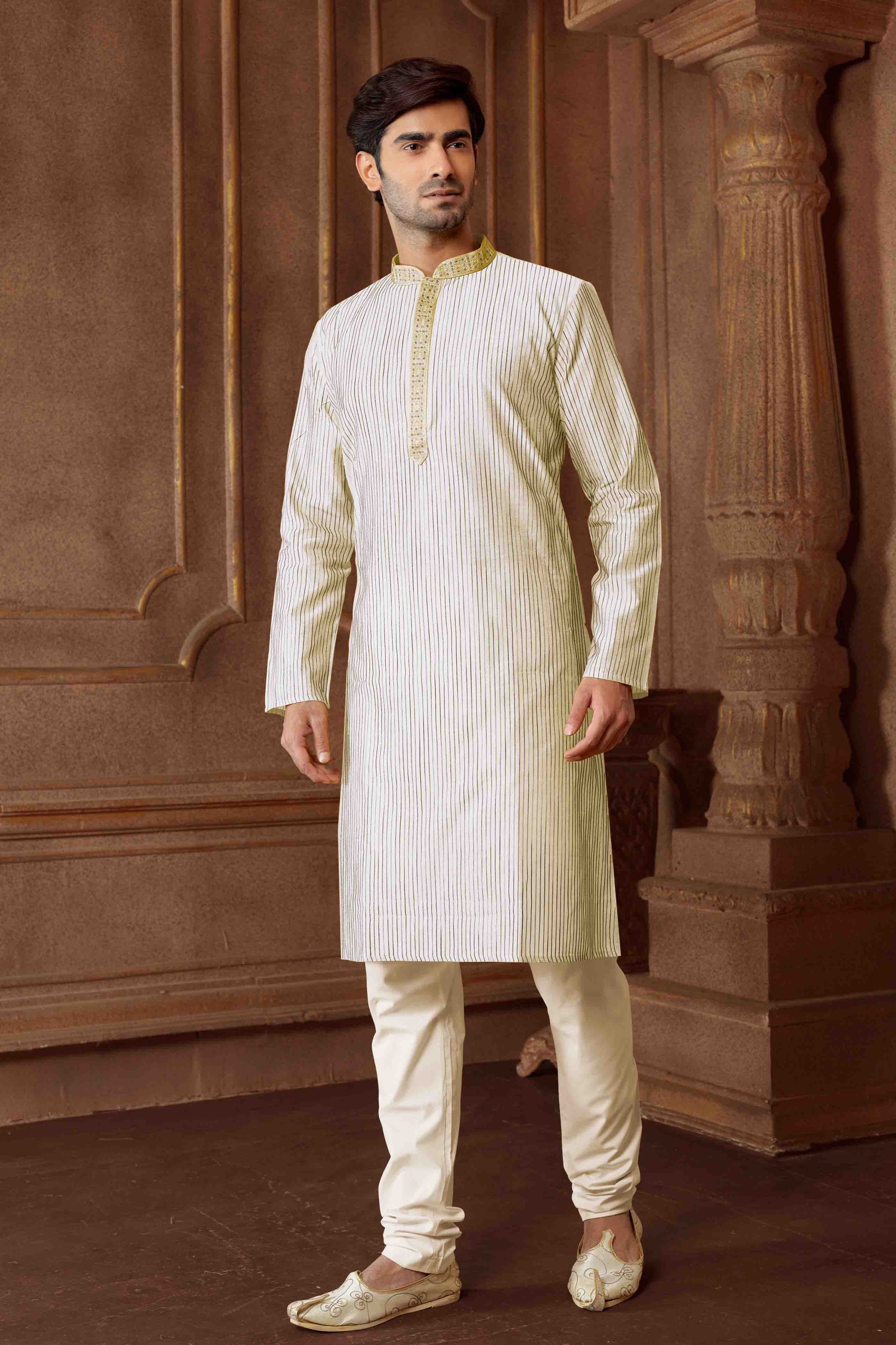 Men Cream Polycotton Blend Striped Kurta Pyjama