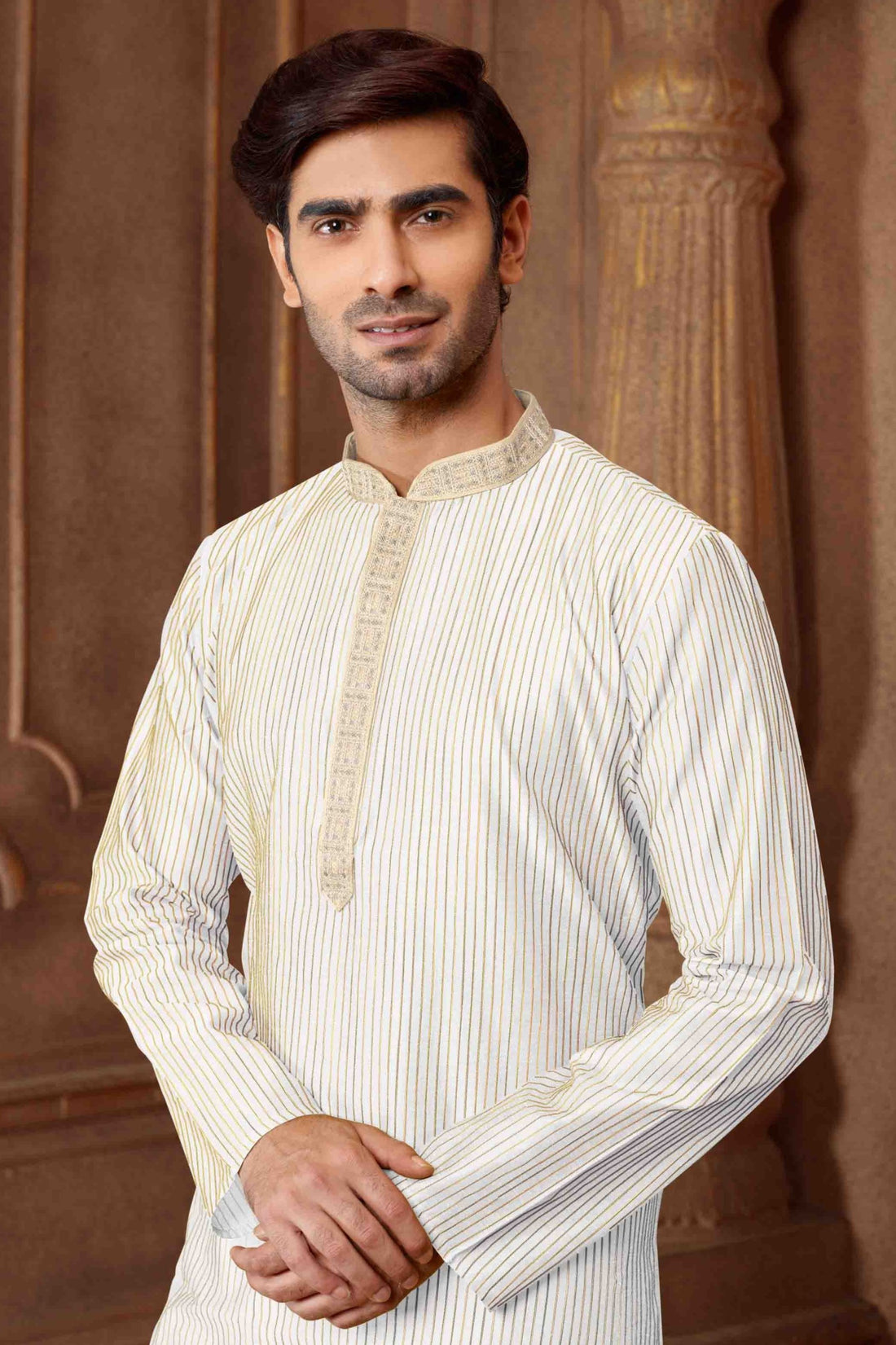 Men Cream Polycotton Blend Striped Kurta Pyjama