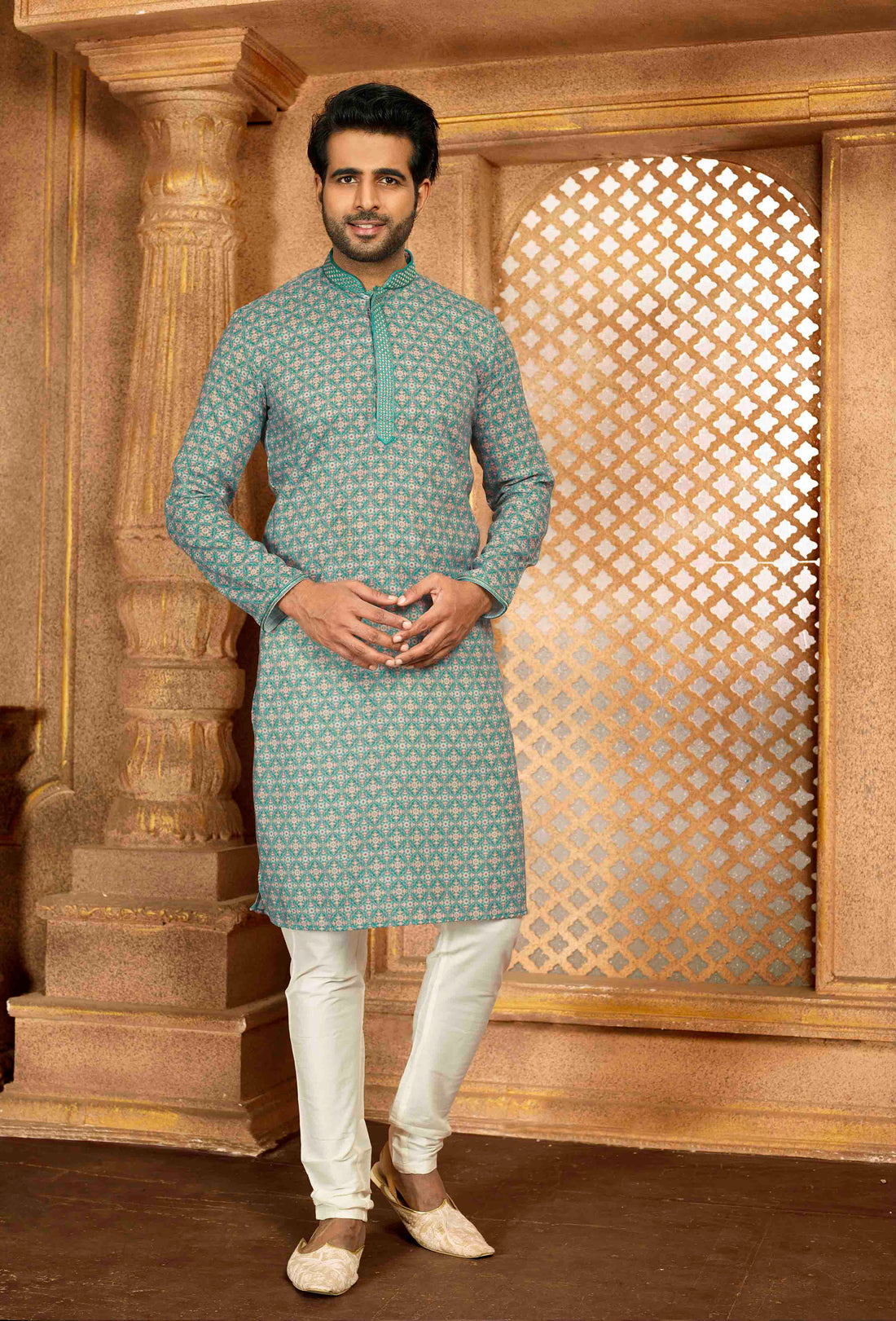 Men Cream Teal Digital Print Poly Cotton Kurta Pyjama
