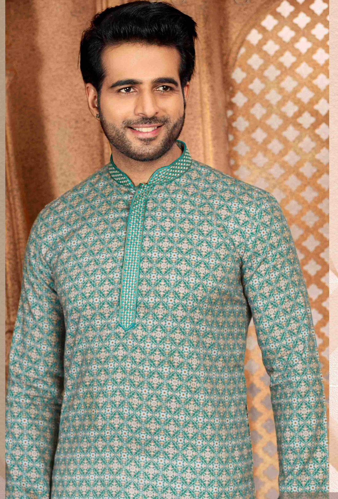 Men Cream Teal Digital Print Poly Cotton Kurta Pyjama