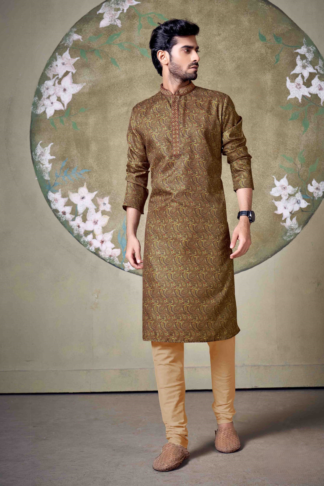 Men Golden Brown Paisley Digital Print Poly Blend Kurta Pyjama