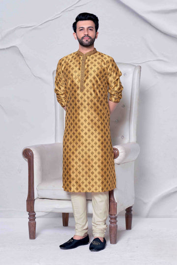 Men Golden Floral Digital Print Poly Blend Kurta Pyjama
