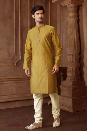 Men Golden Polycotton Blend Striped Kurta Pyjama