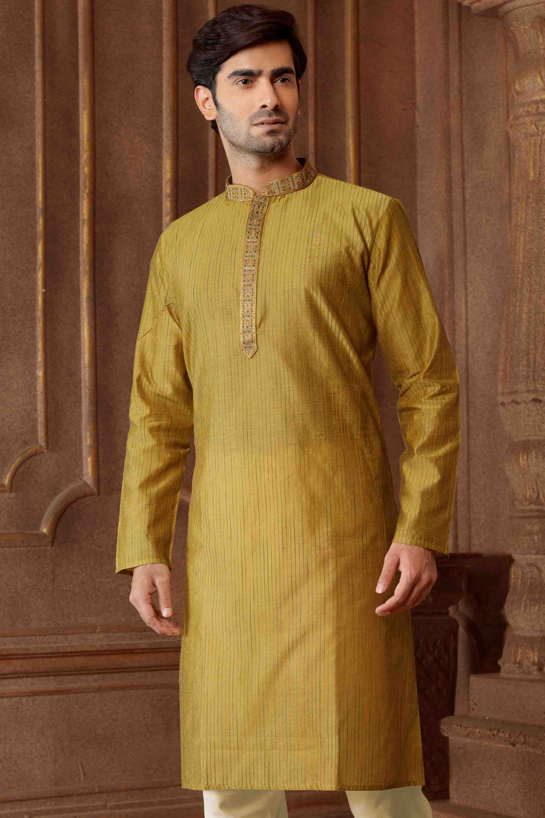 Men Golden Polycotton Blend Striped Kurta Pyjama