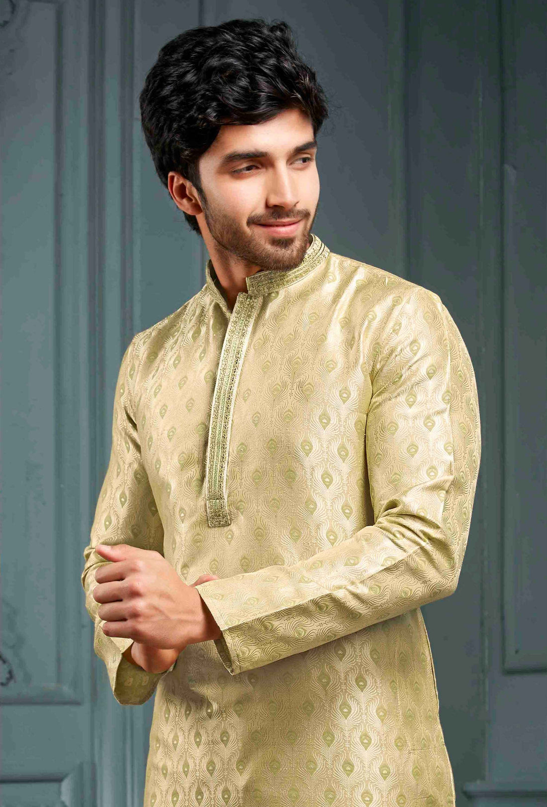 Men Golden Self Design Jacquard Kurta Pyjama