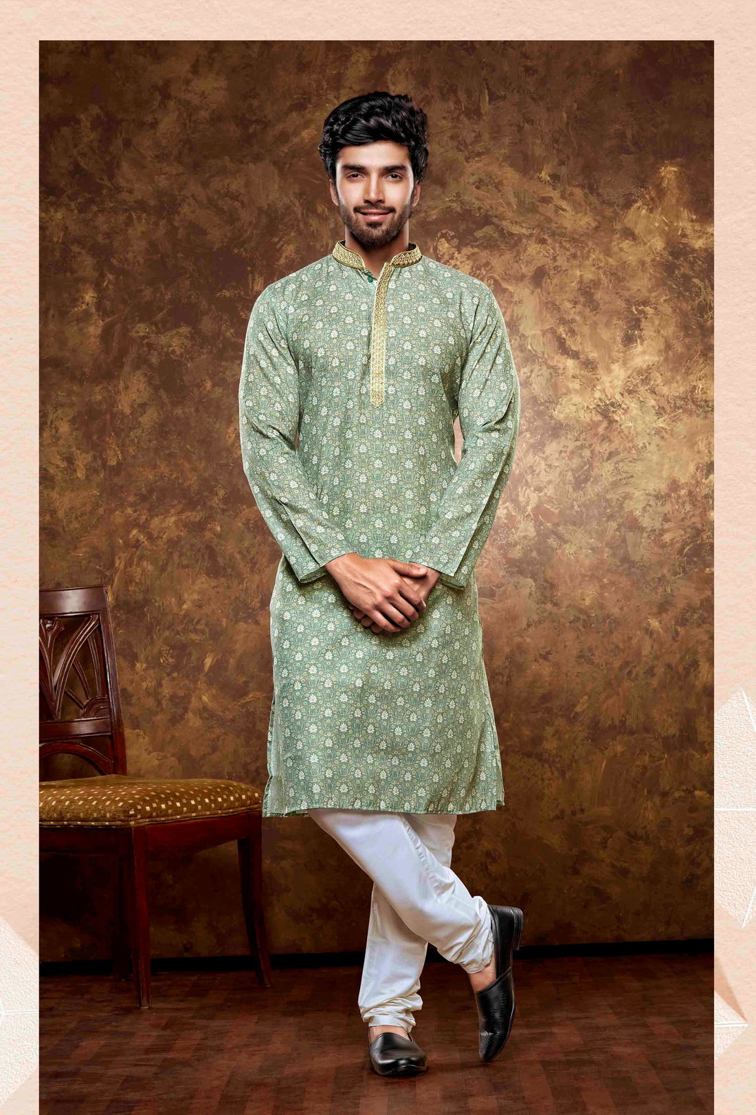 Men Green Digital Print Poly Cotton Kurta Pyjama