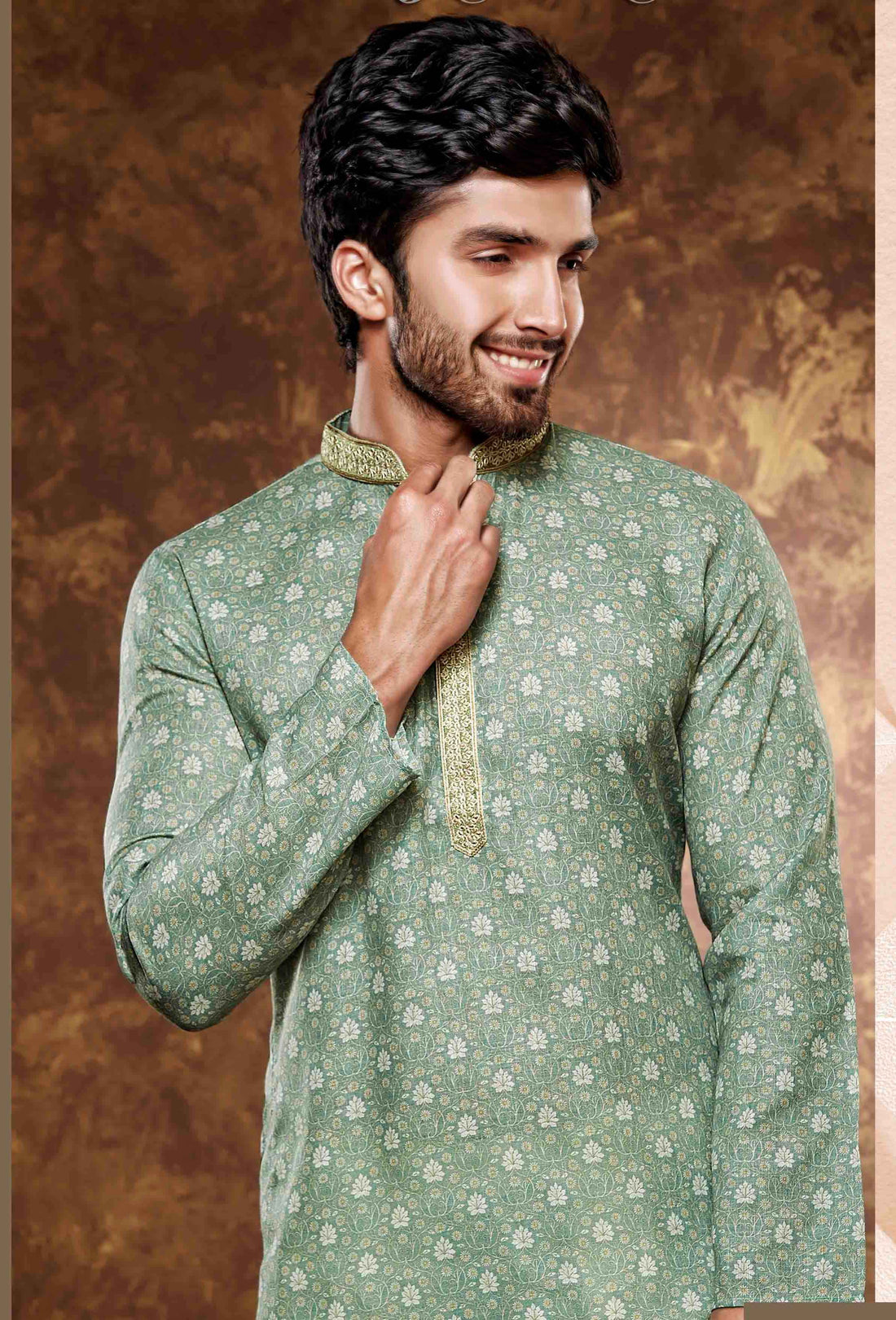 Men Green Digital Print Poly Cotton Kurta Pyjama