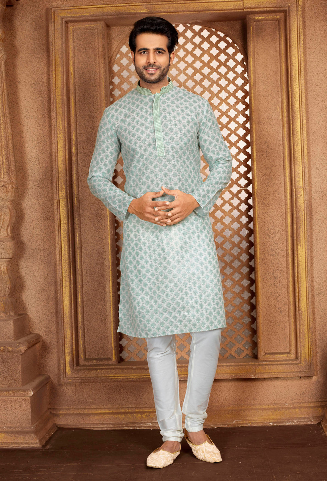 Men Green Grey Paisley Digital Print Poly Cotton Kurta Pyjama