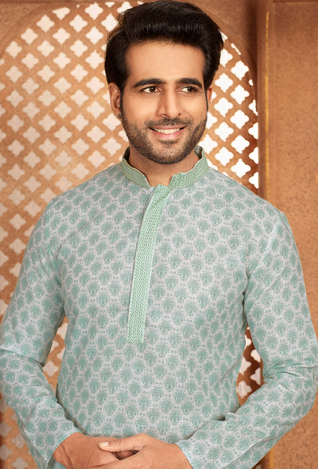 Men Green Grey Paisley Digital Print Poly Cotton Kurta Pyjama