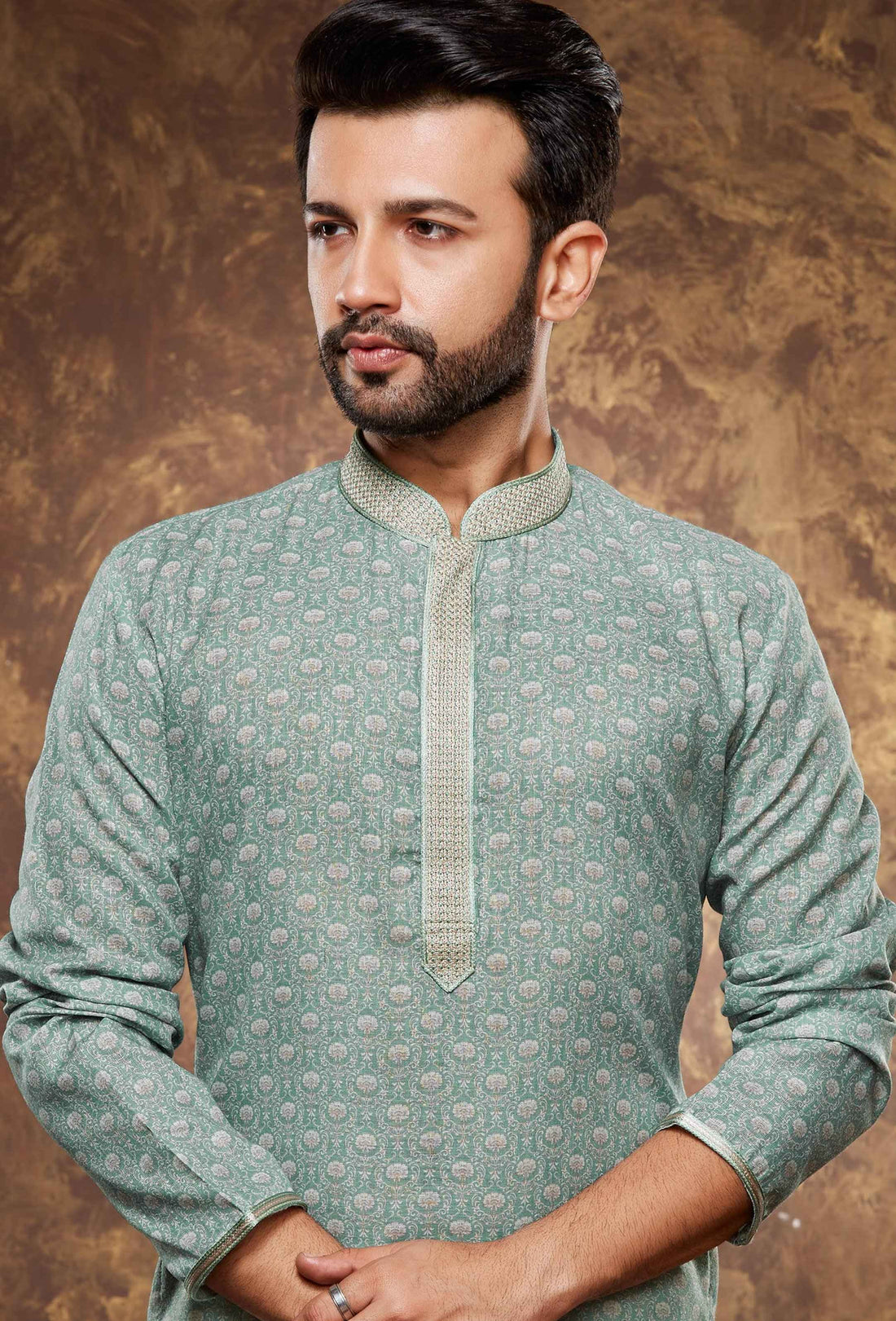 Men Green Paisley Digital Print Poly Cotton Kurta Pyjama