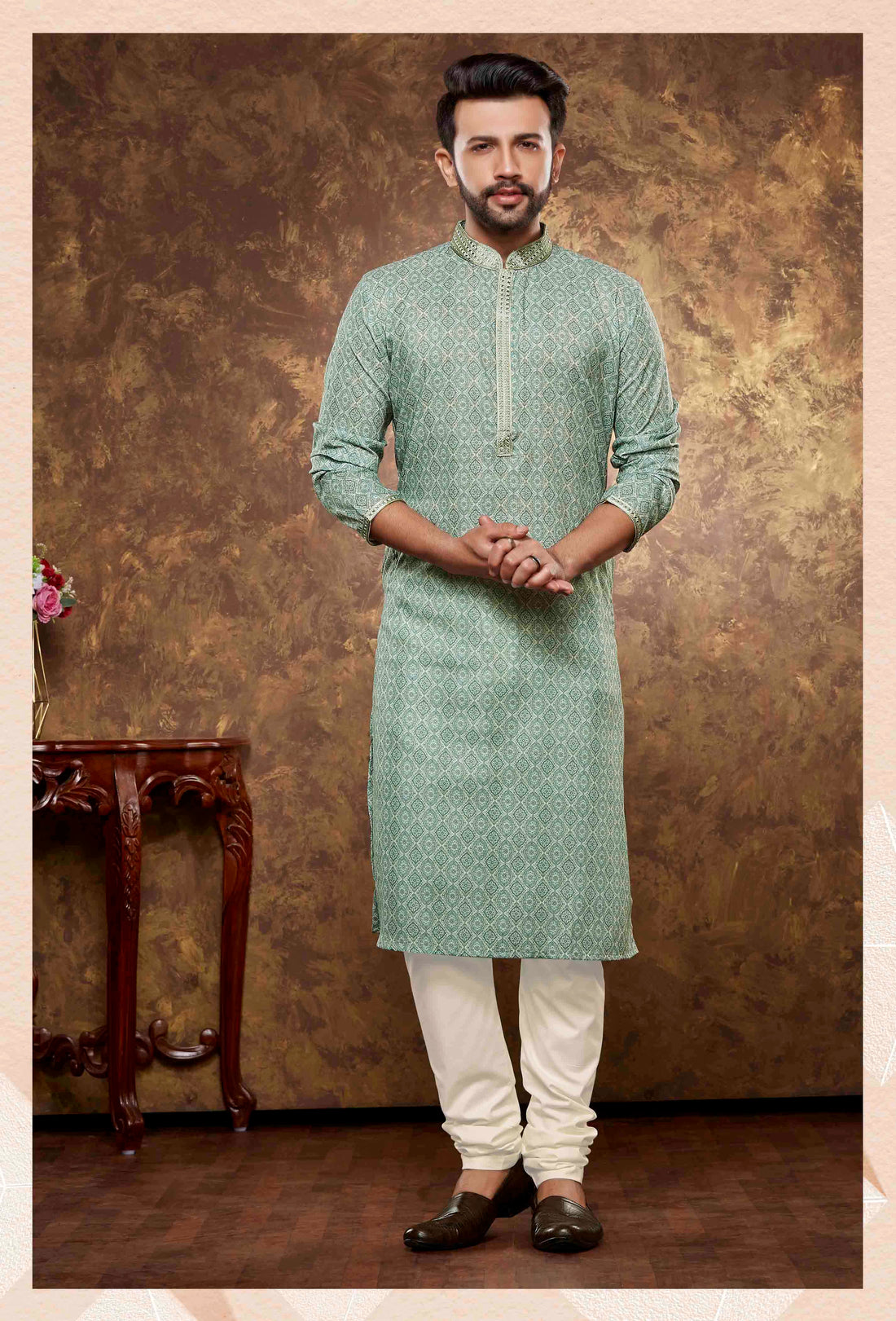 Men Light Green Digital Print Poly Cotton Kurta Pyjama