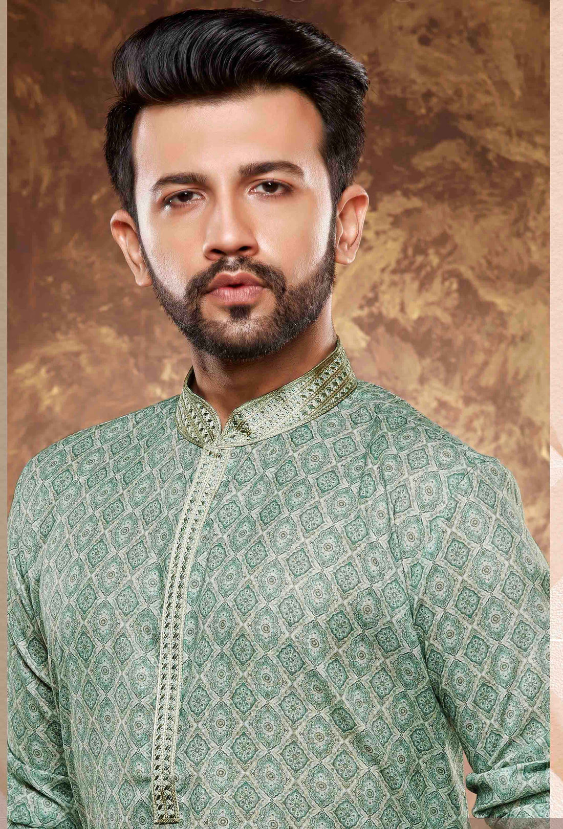 Men Light Green Digital Print Poly Cotton Kurta Pyjama