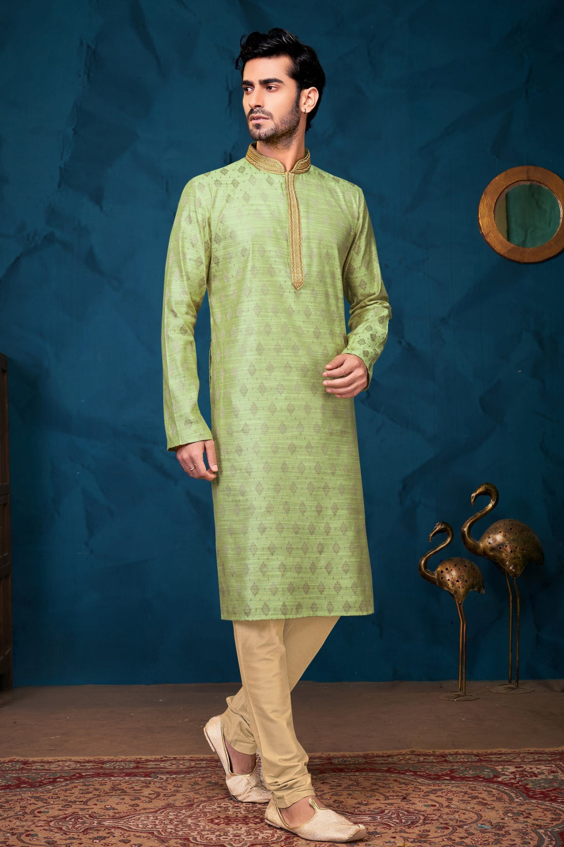 Men Lime Green Printed Poly Jacquard Kurta Pyjama