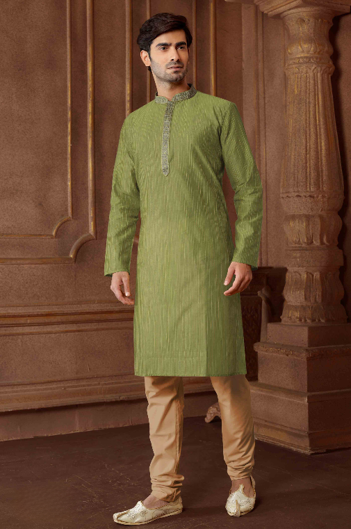 Men Mehendi Green Polycotton Blend Striped Kurta Pyjama