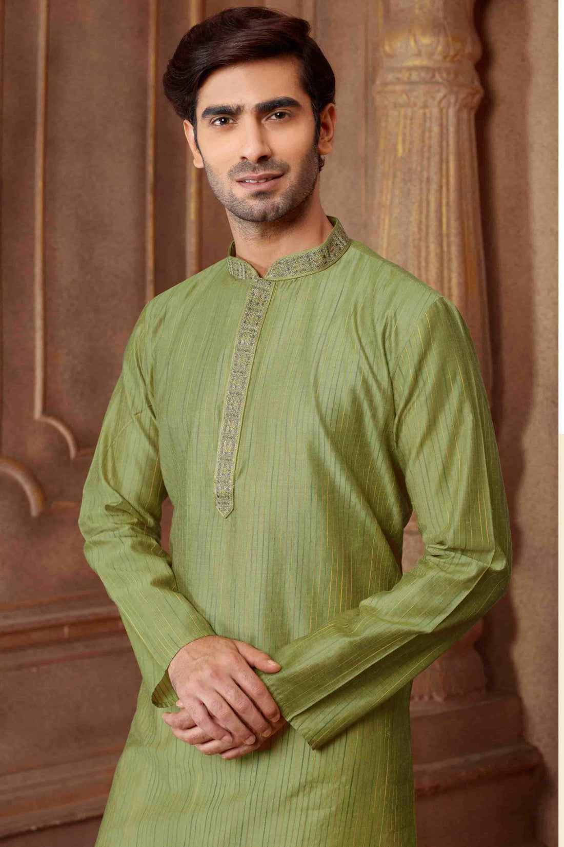 Men Mehendi Green Polycotton Blend Striped Kurta Pyjama