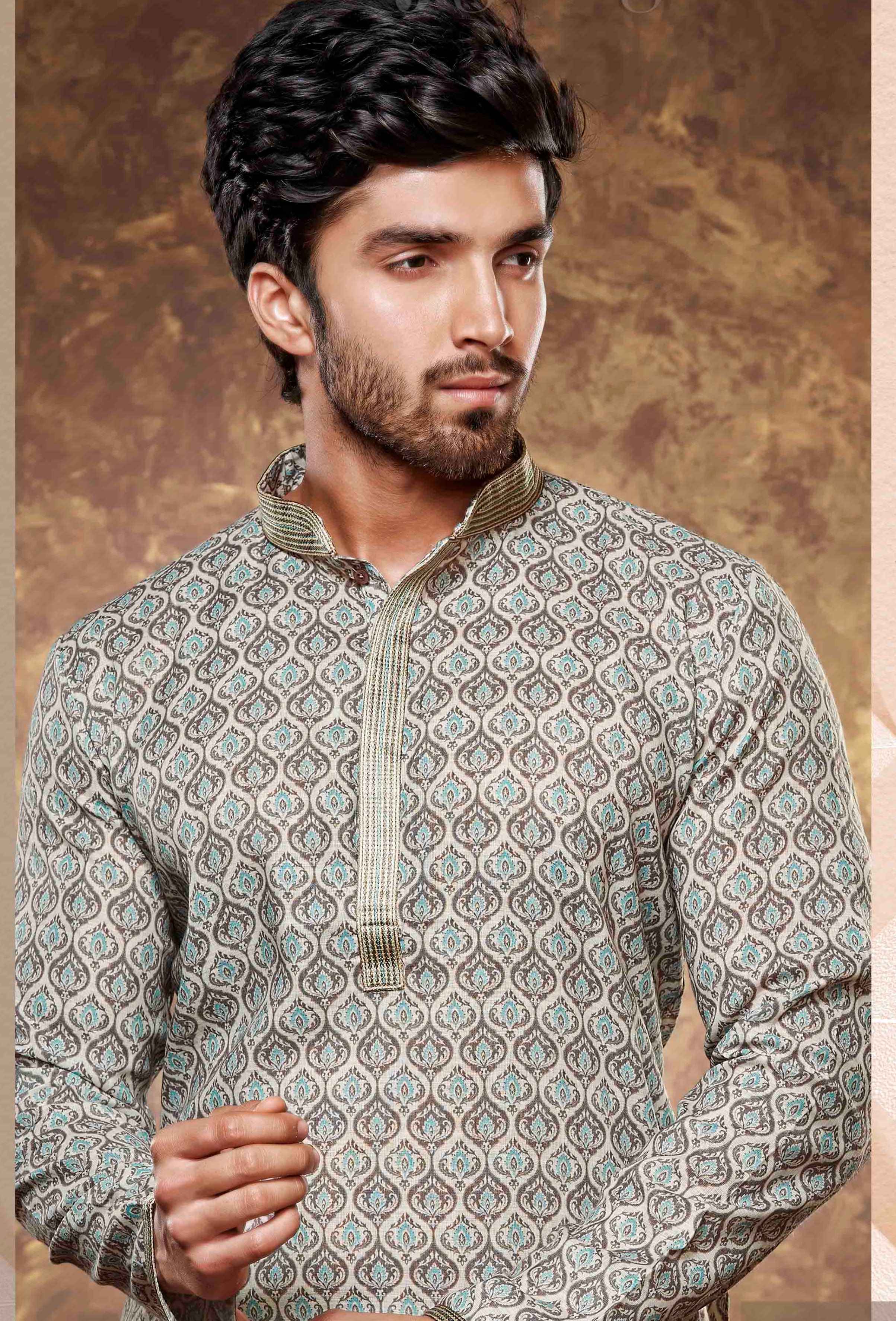 Men Printed Cotton Kurta Pyjama Set