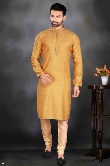 Men Mustard Yellow Printed Poly Jacquard Kurta Pyjama