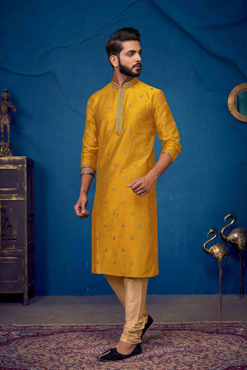 Men Mustard Yellow Slub Silk Embroidered Kurta Pyjama