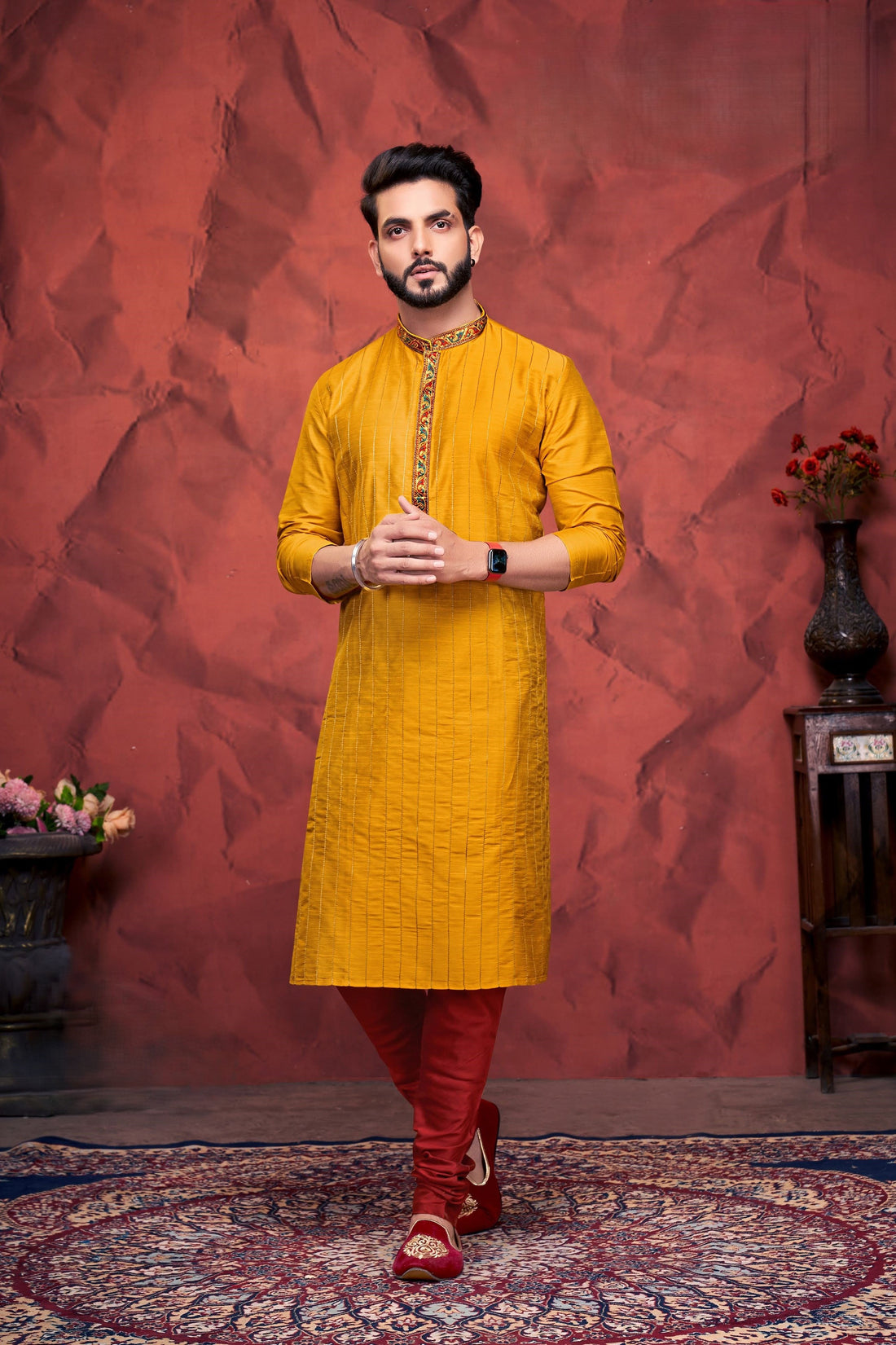 Men Mustard Yellow Slub Striped Embroidered Kurta Pyjama