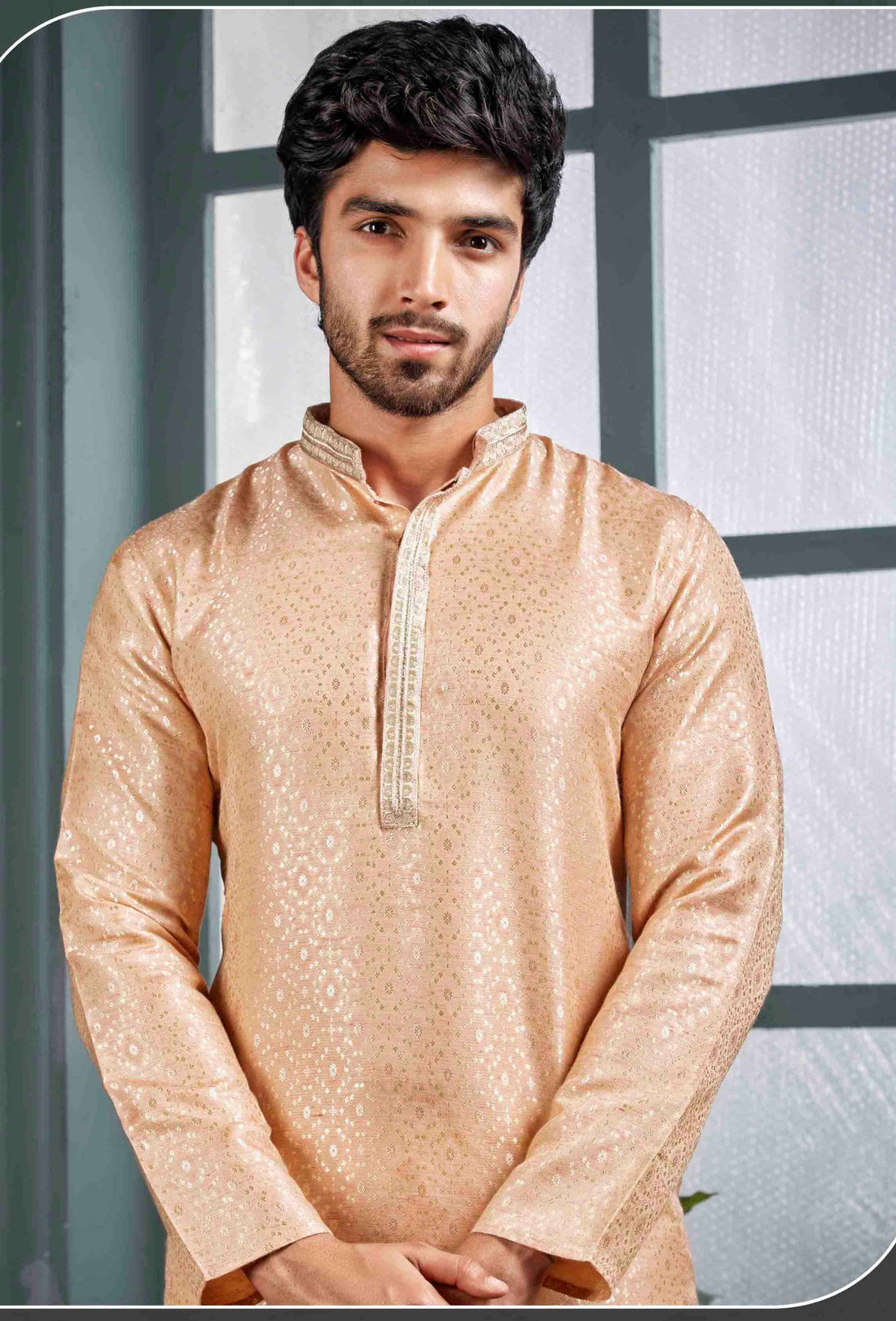 Men Peach Self Design Jacquard Kurta Pyjama
