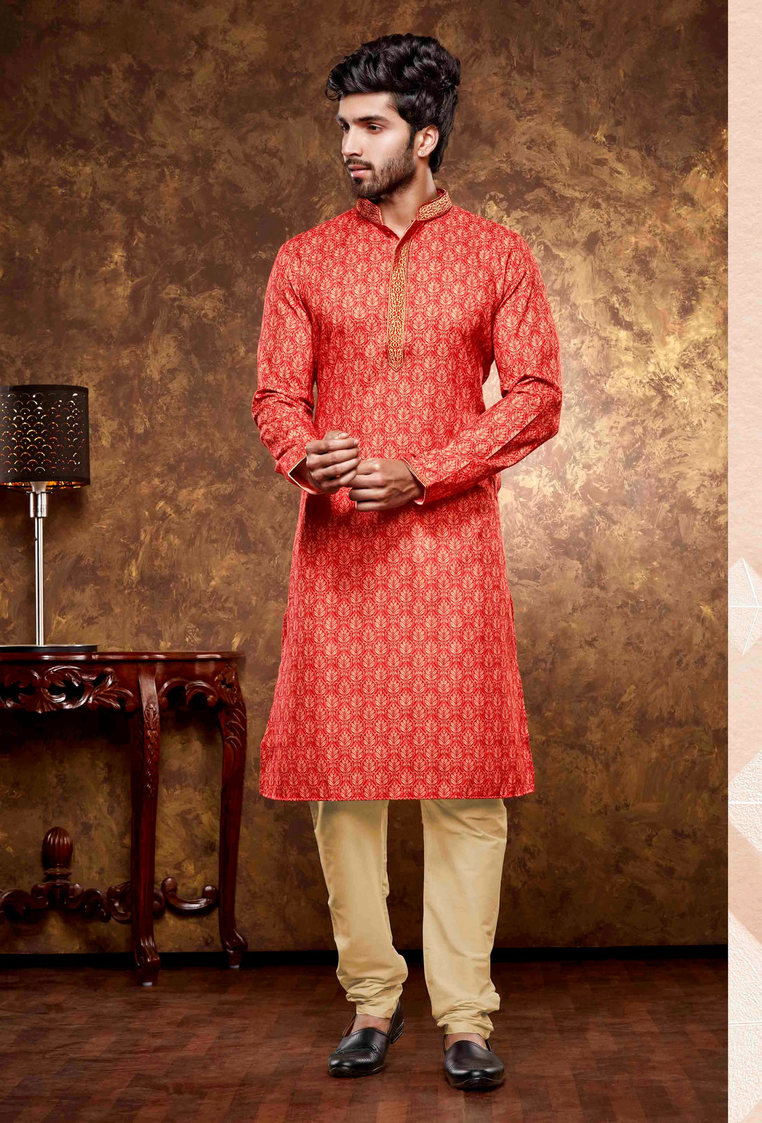Men Red Digital Print Poly Cotton Kurta Pyjama