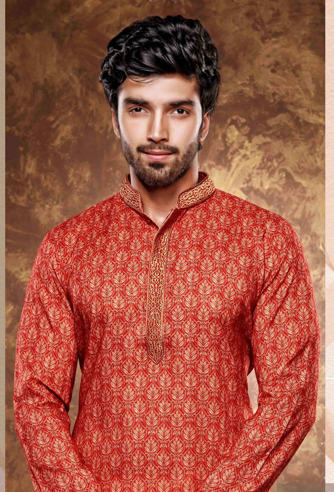 Men Red Digital Print Poly Cotton Kurta Pyjama